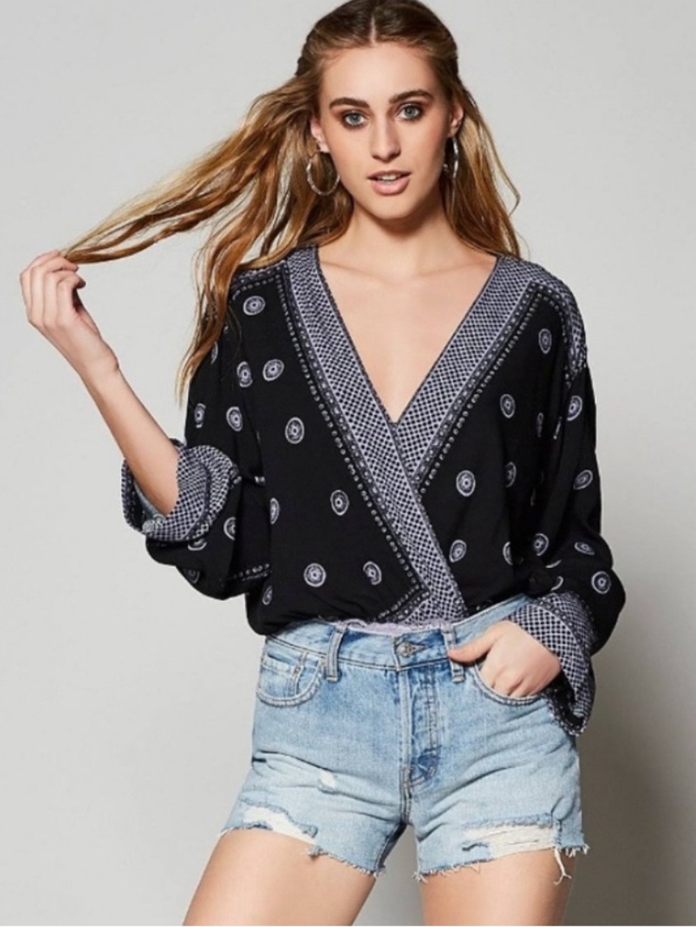 Free People Intimately On Board Bodysuit black printed w/ lavender lace bottom